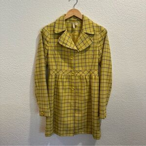 Vintage Yellow Plaid Pea Coat Retro High Waisted Side Pockets Academia
